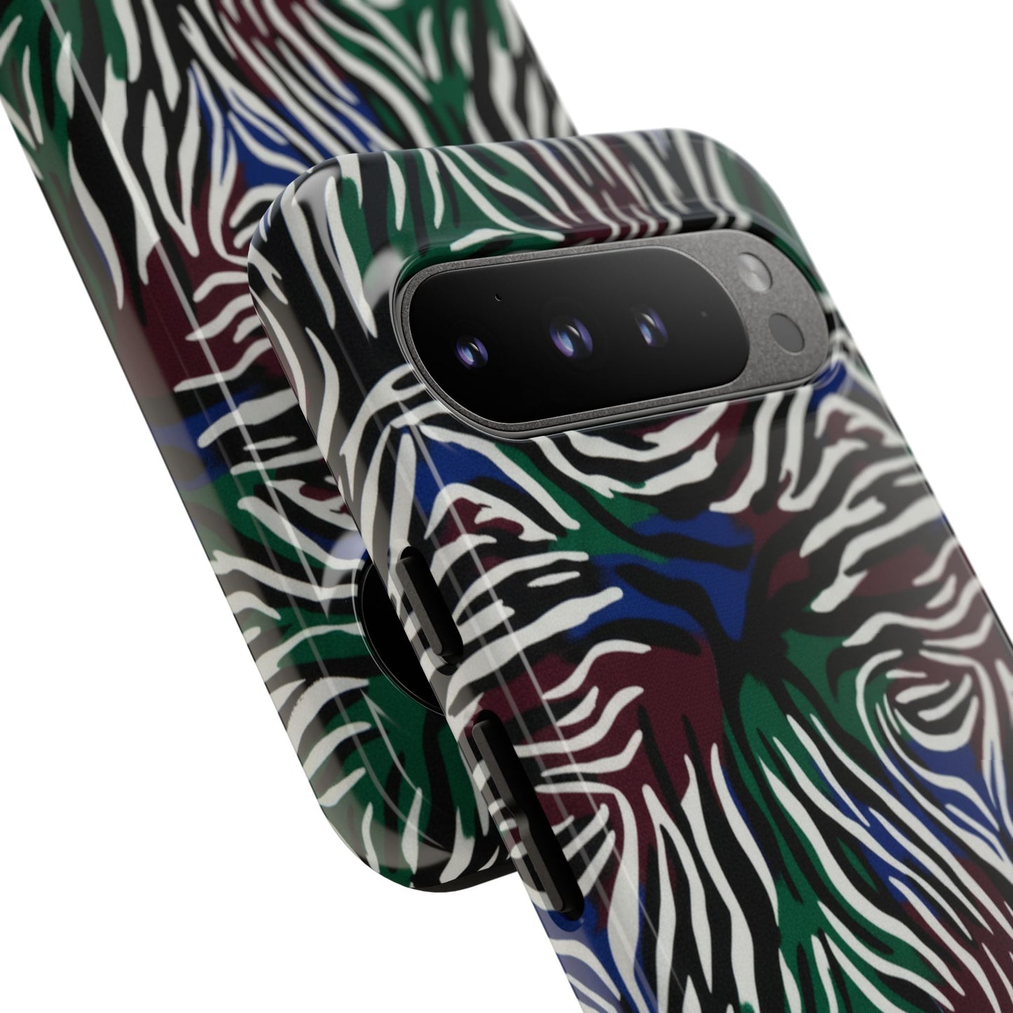 Zebra Camo Tough Phone Case – Green & Blue Animal Print Protective Cover