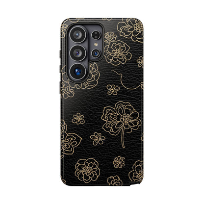Floral Leather-Texture Tough Case – Black Gold Outline Phone Cover