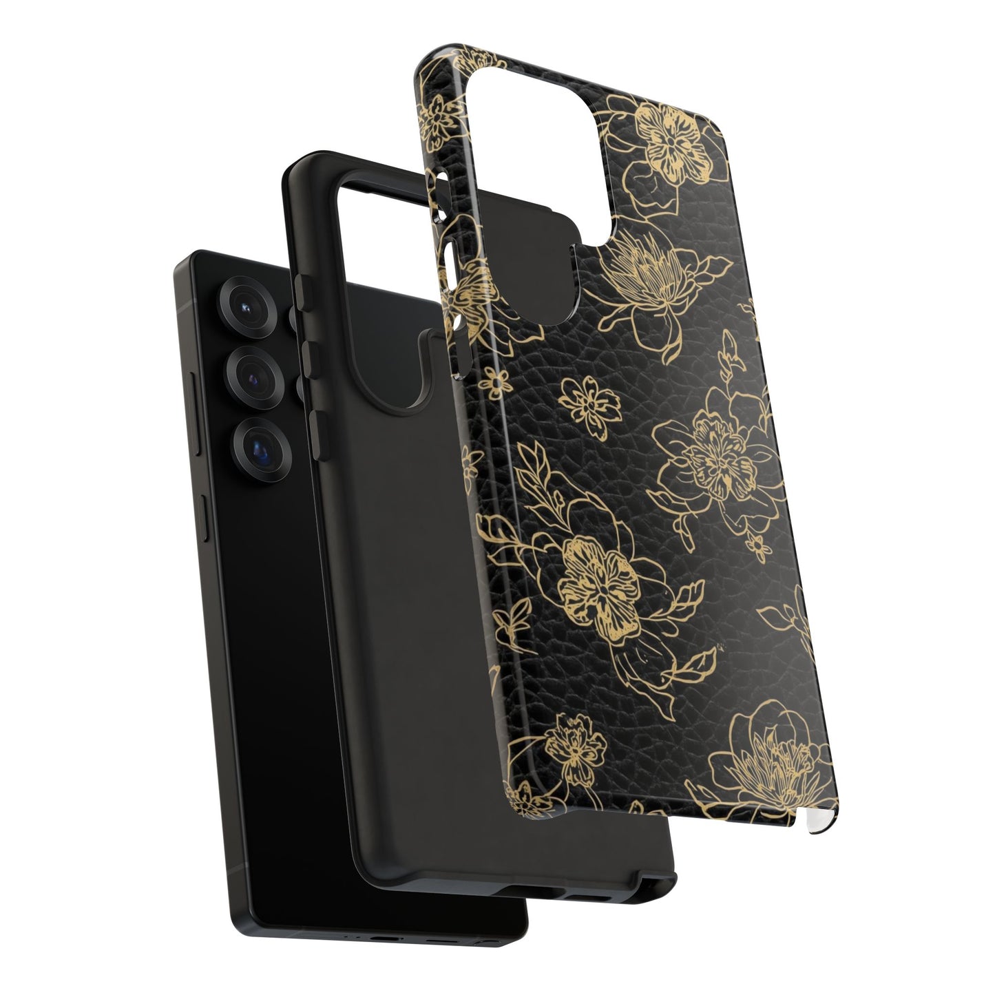 Floral Leather Phone Case — Gold Outline Flowers on Black Tough Case