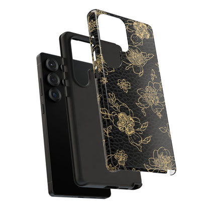 Floral Leather Phone Case — Gold Outline Flowers on Black Tough Case