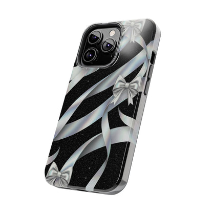Silver Ribbon Bow Tough Phone Case — Glitter Black Protective Phone Case