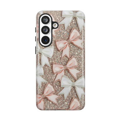 Glitter Bow Tough Phone Case — Pink & White Ribbon Protective Cover