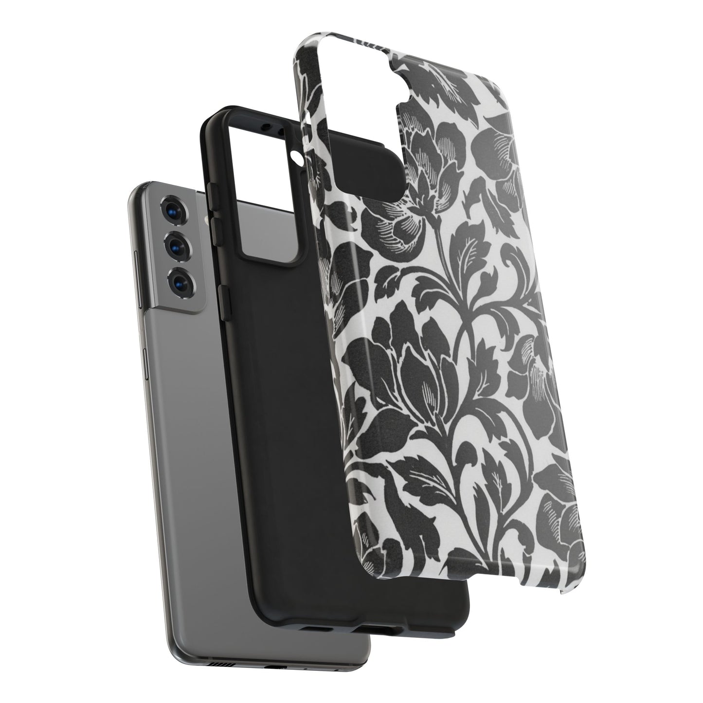 Tough Phone Case — Black & White Vintage Floral Protective Cover