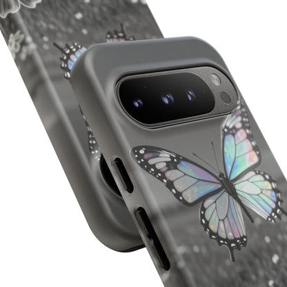 Butterfly Field Tough Phone Case — Pastel Holographic Butterfly on Black & White Floral Background