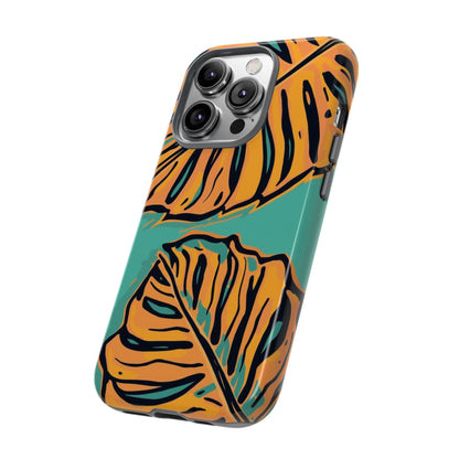 Tropical Leaf Tough Phone Case — Orange Monstera Design on Teal