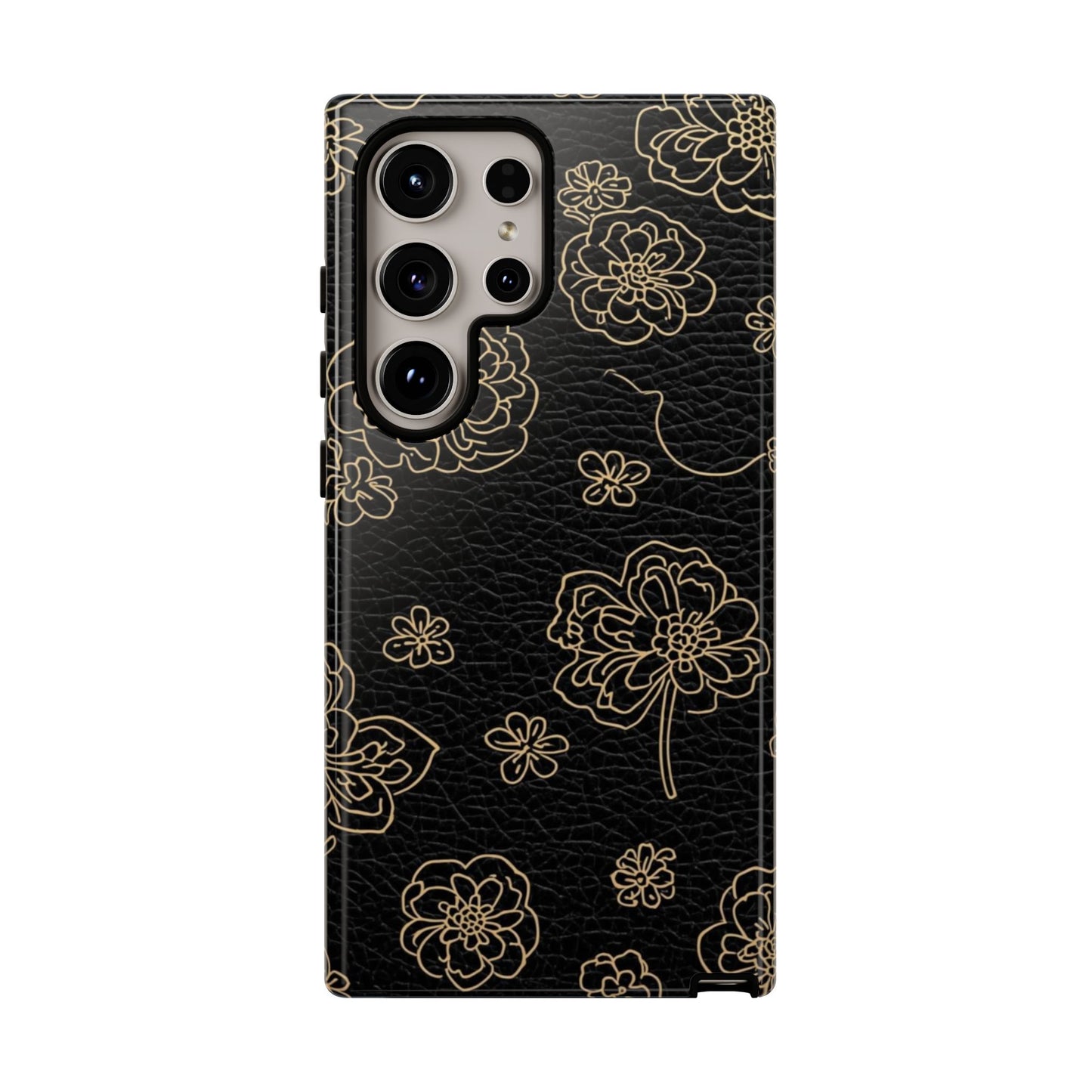 Floral Leather-Texture Tough Case – Black Gold Outline Phone Cover