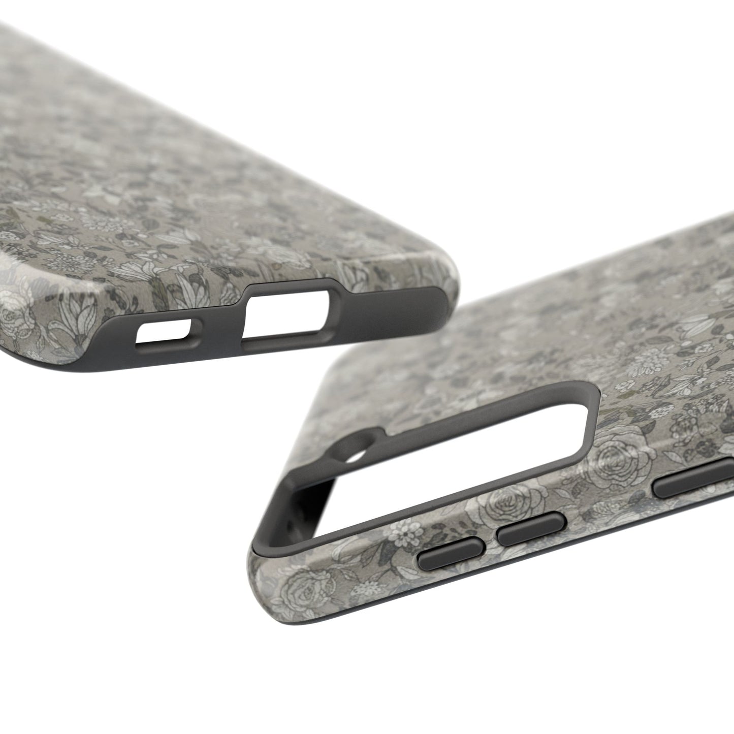 Gray Floral Tough Phone Case — Durable Protective Phone Cover with Vintage Botanical Pattern