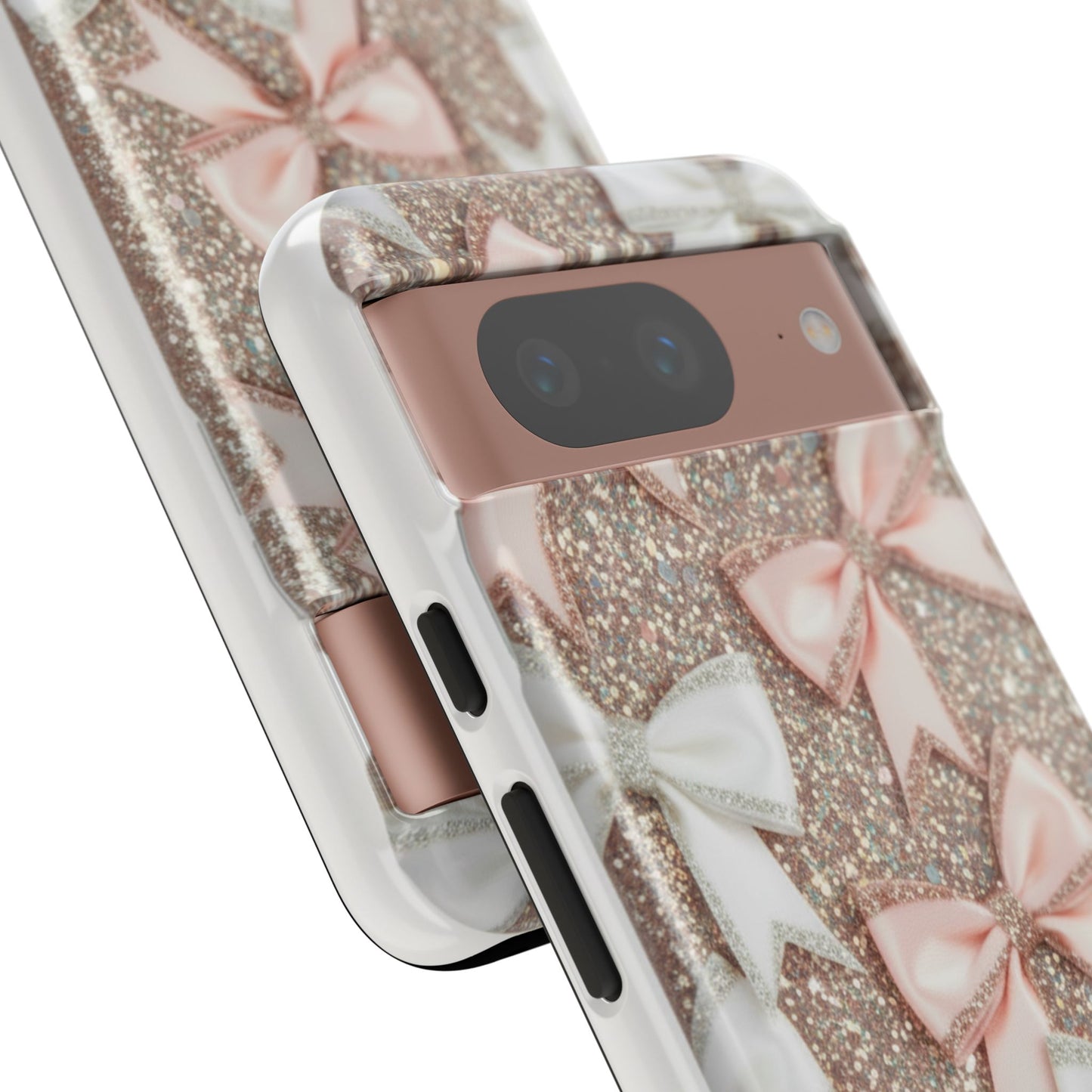 Glitter Bow Tough Phone Case — Pink & White Ribbon Protective Cover