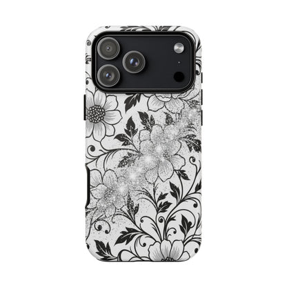 Floral Lace Phone Case — Black & White Vintage Flower Protective Case