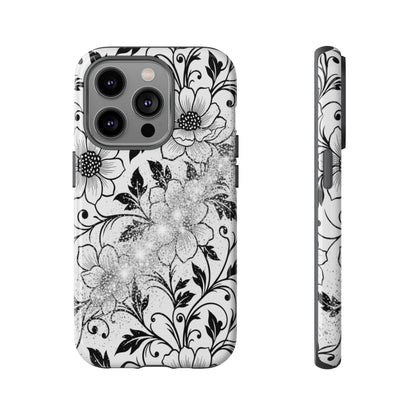 Floral Lace Phone Case — Black & White Vintage Flower Protective Case
