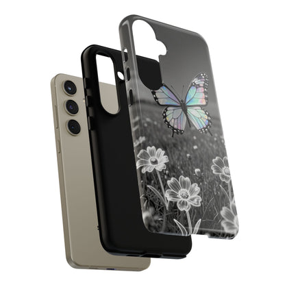 Butterfly Field Tough Phone Case — Pastel Holographic Butterfly on Black & White Floral Background