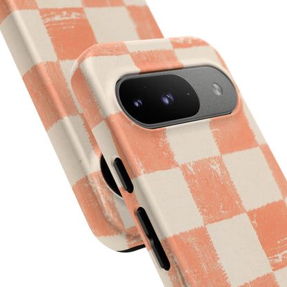 Peach Checkerboard Tough Phone Case — Retro Distressed Grid Design