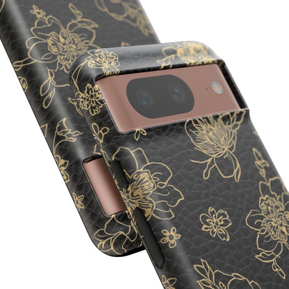 Floral Leather Phone Case — Gold Outline Flowers on Black Tough Case