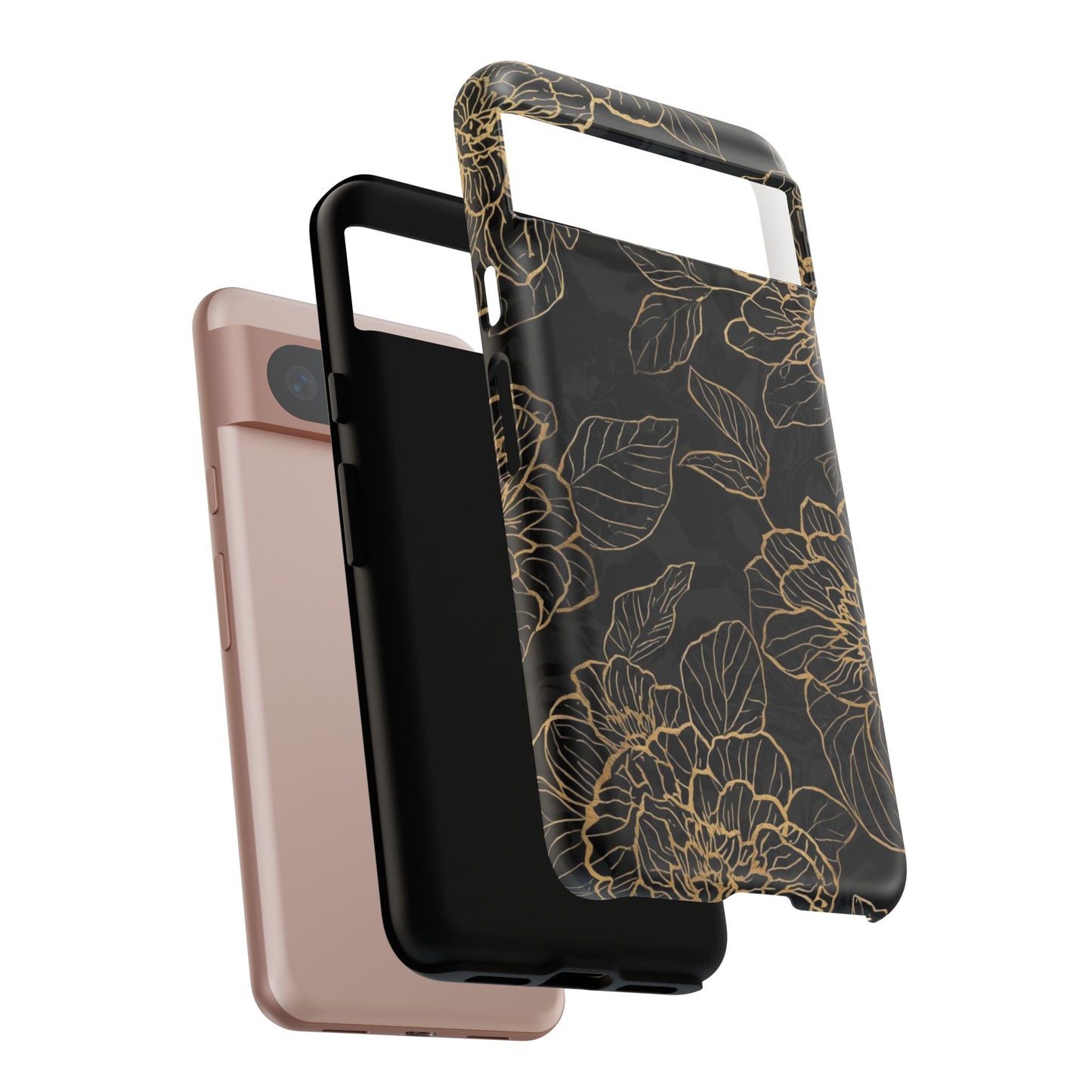 Floral Gold Outline Tough Phone Case – Black Botanical Protective Cover