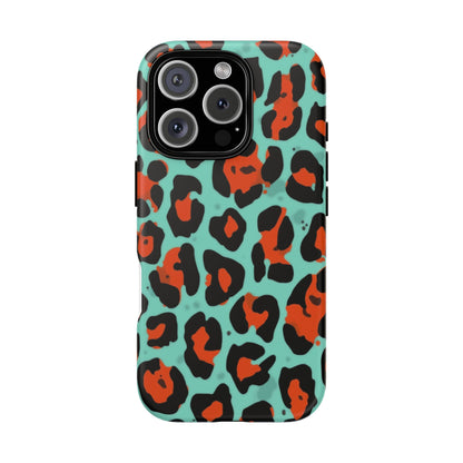 Leopard Print Tough Phone Case — Teal & Rust Protective iPhone Cover
