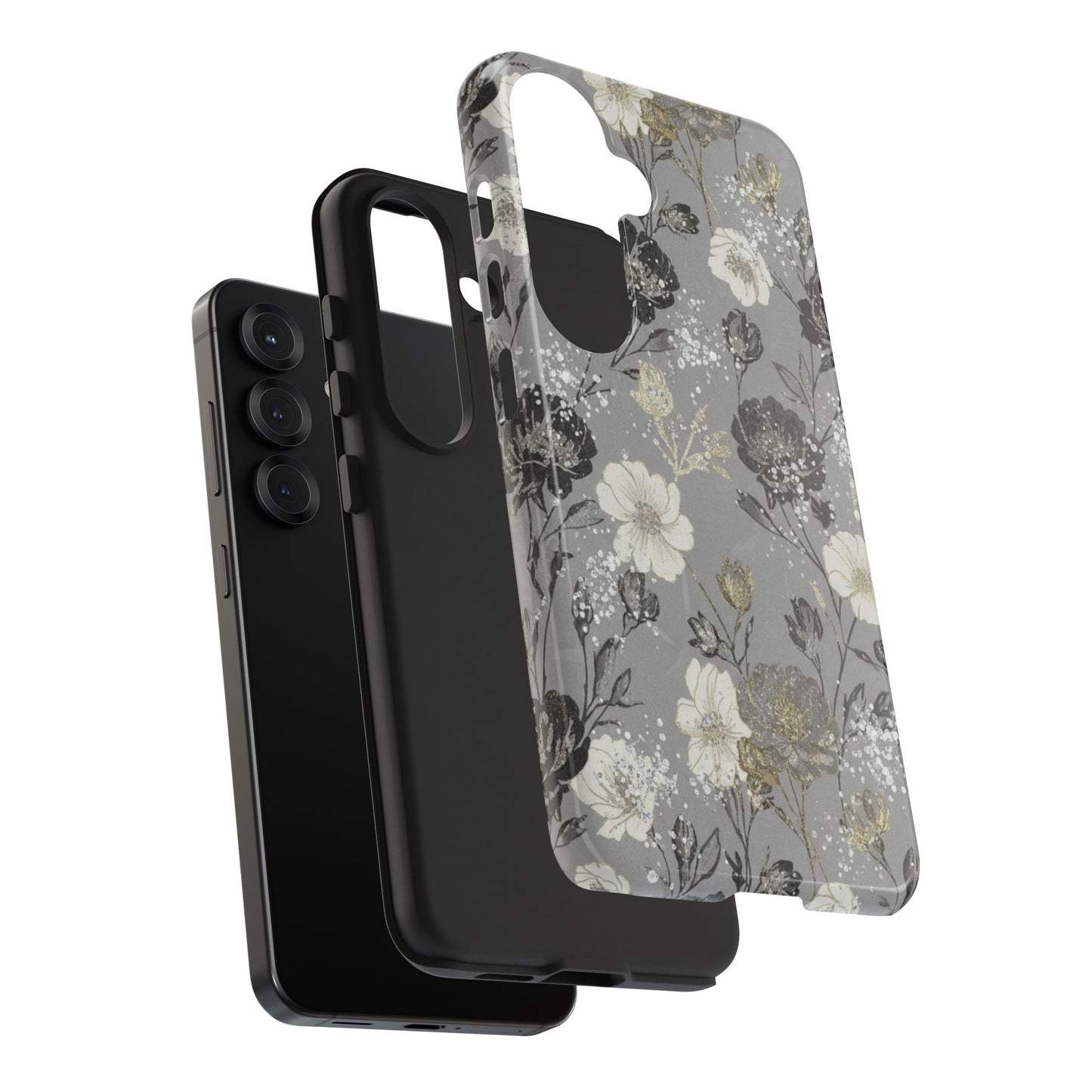 Floral Gray Tough Phone Case — Elegant Protective Phone Cover with Gold Accent