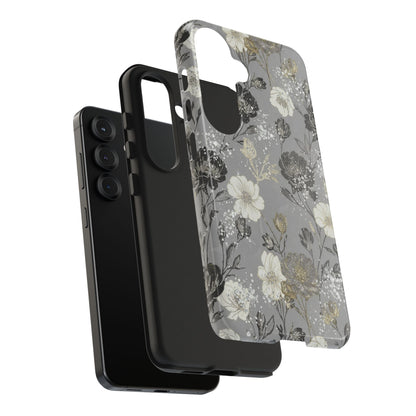 Floral Gray Tough Phone Case — Elegant Protective Phone Cover with Gold Accent