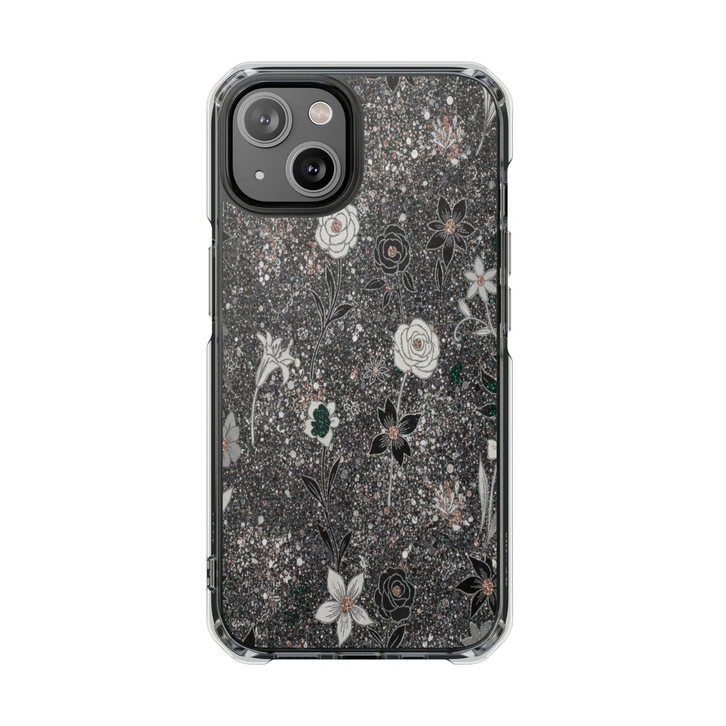 Clear Floral Glitter Magnetic Phone Case — Protective Impact Case with Rose & Daisy Design