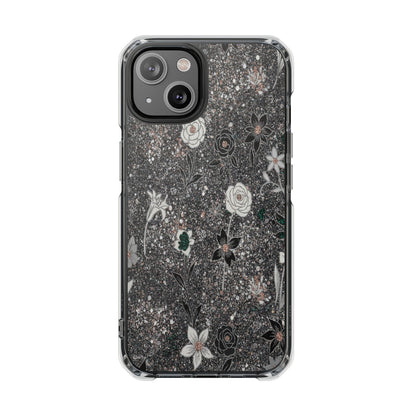 Clear Floral Glitter Magnetic Phone Case — Protective Impact Case with Rose & Daisy Design