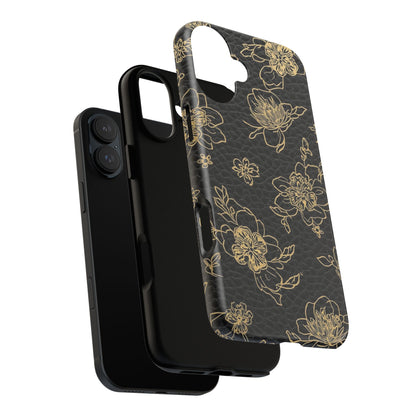 Floral Leather Phone Case — Gold Outline Flowers on Black Tough Case