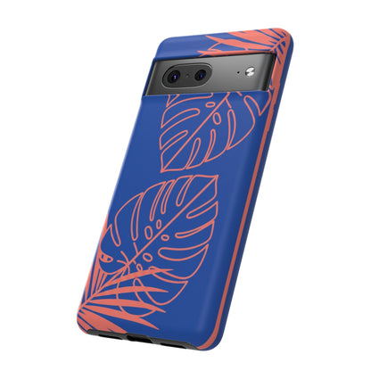 Tropical Monstera Phone Case — Blue & Coral Leaf Protective Cover