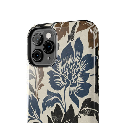 Floral Vintage Tough Phone Case — Blue & Brown Botanical Protection