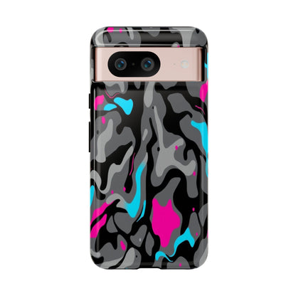 Camouflage Phone Case — Gray Camo with Neon Pink & Cyan Accent Tough Protective Cover
