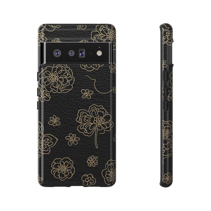 Floral Leather-Texture Tough Case – Black Gold Outline Phone Cover
