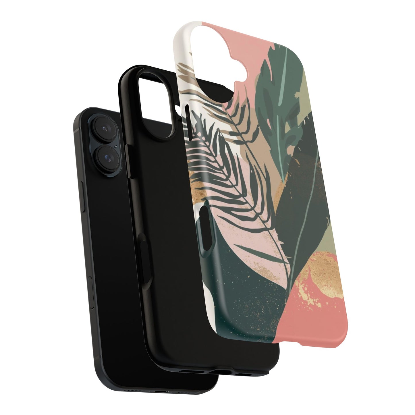 Tropical Leaf Tough Phone Case — Abstract Pink & Green Botanical Protective Cover