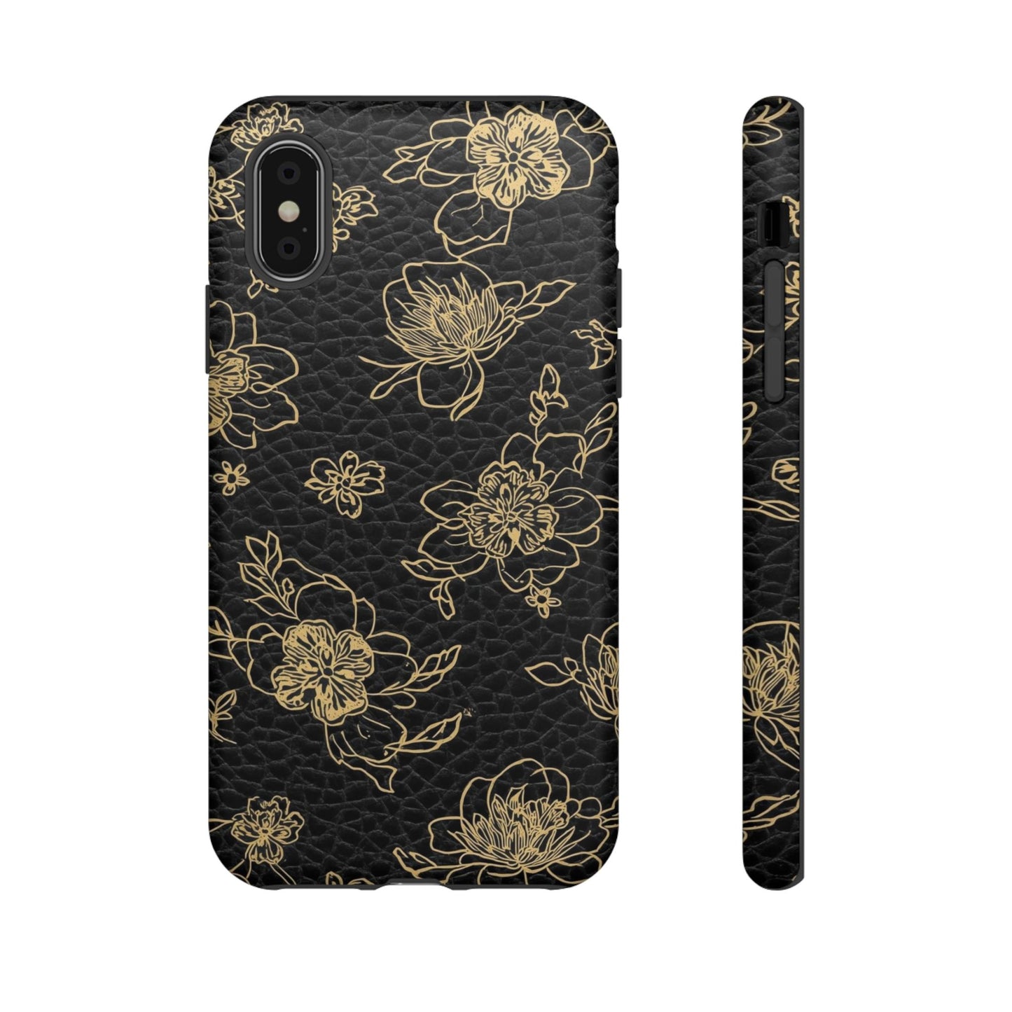 Floral Leather Phone Case — Gold Outline Flowers on Black Tough Case