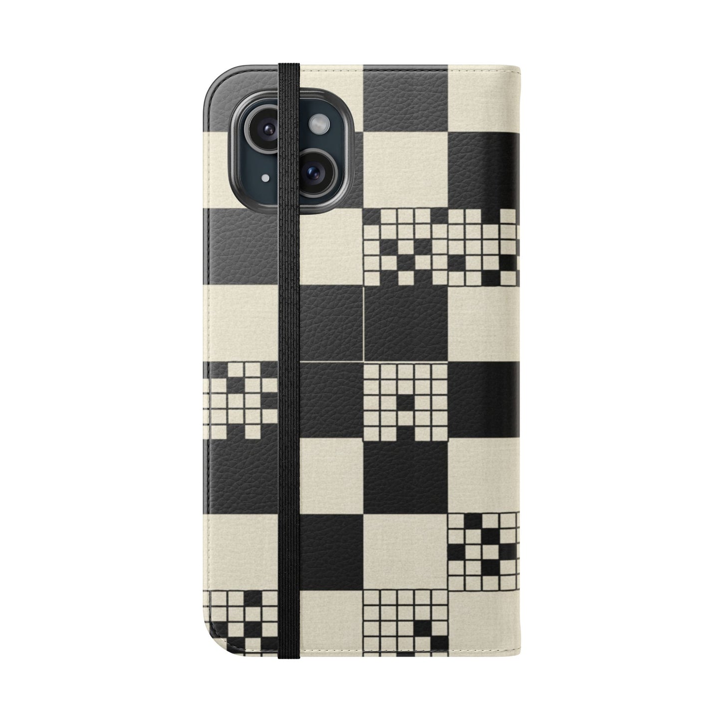 Checkerboard Flip Phone Case – Retro Black & Cream Geometric Wallet Case
