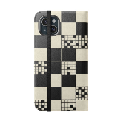 Checkerboard Flip Phone Case – Retro Black & Cream Geometric Wallet Case