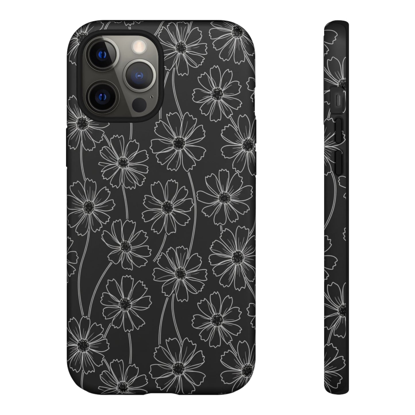 Floral Doodle Tough Phone Case — Black & Gray Daisy Pattern