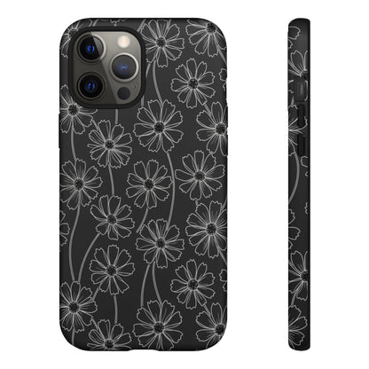 Floral Doodle Tough Phone Case — Black & Gray Daisy Pattern