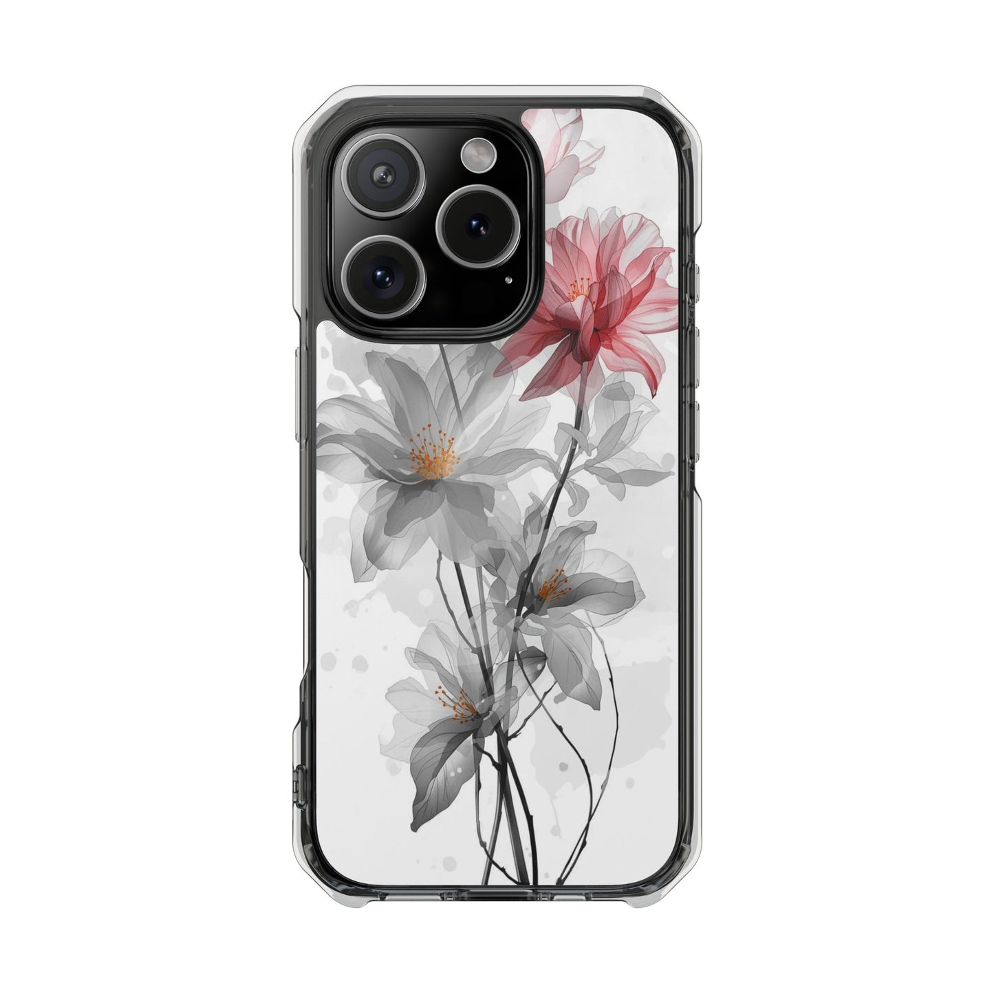 Clear Magnetic Phone Case — Watercolor Pink & Gray Floral Impact Protection