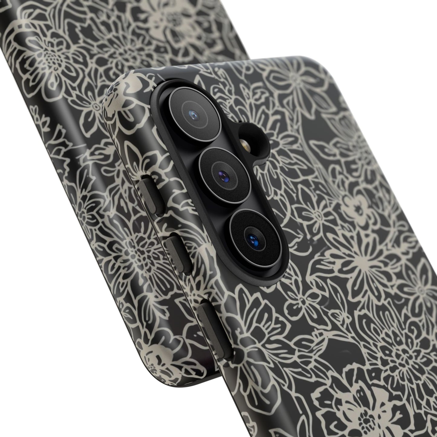 Floral Doodle Tough Phone Case — Black & White Sketch Flower Protective Cover