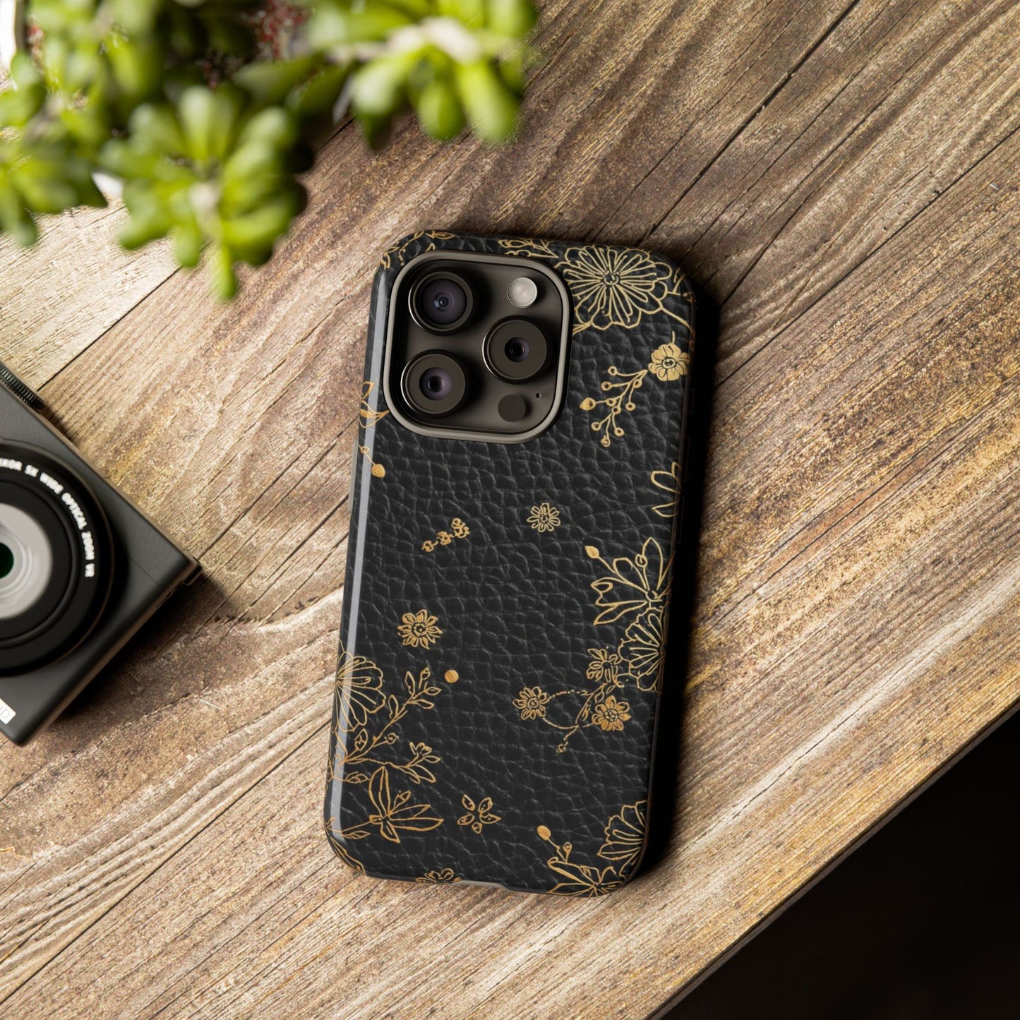 Floral Gold Foil Leather Texture Tough Phone Case