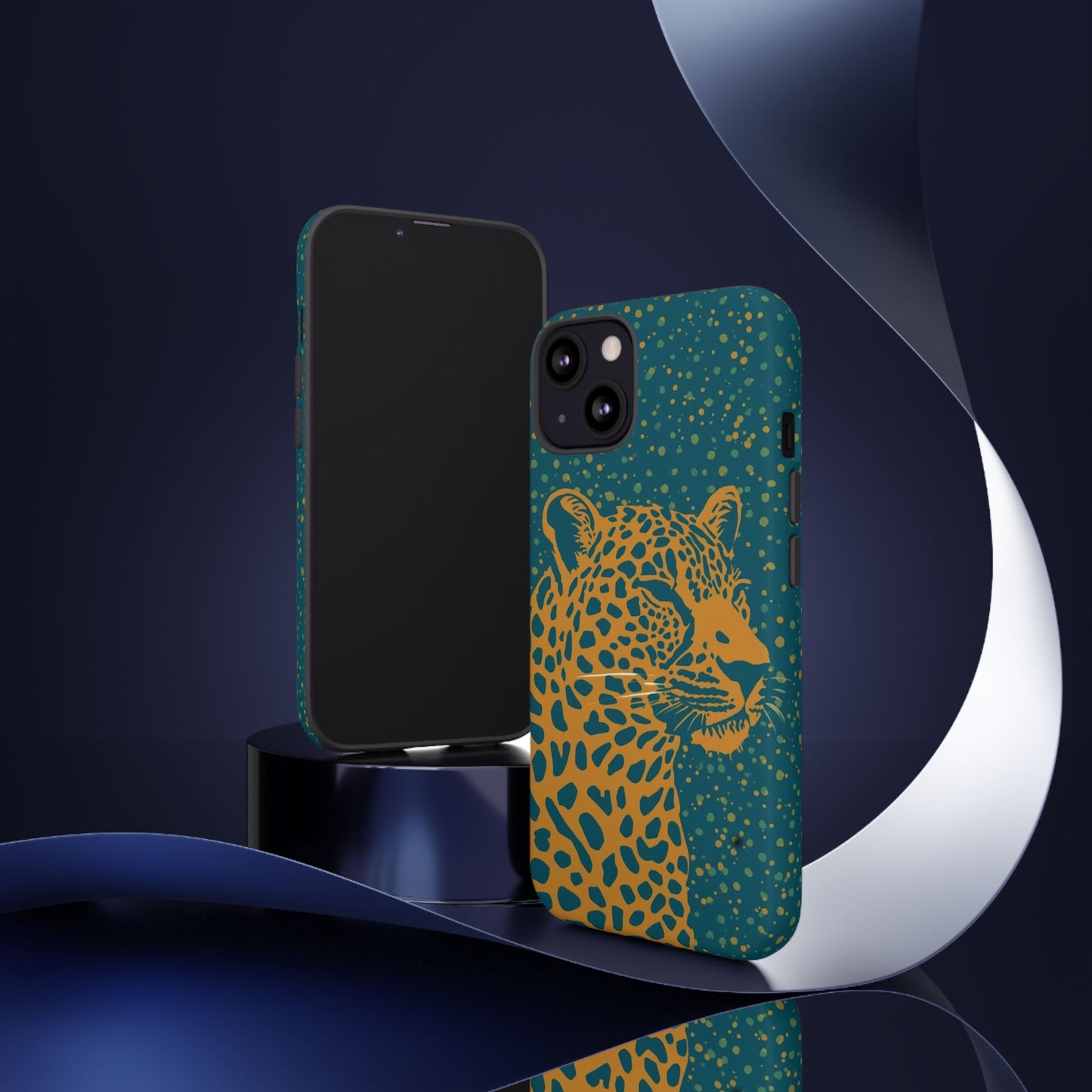 Leopard Print Tough Phone Case — Gold Panther on Teal, Protective iPhone Cover