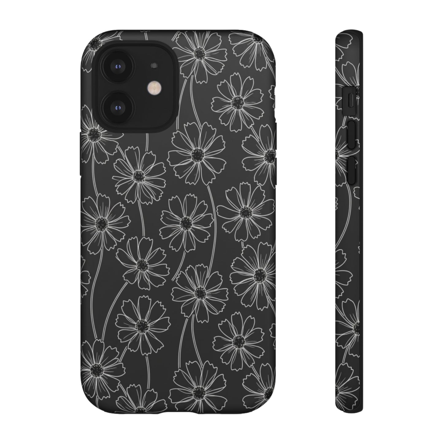 Floral Doodle Tough Phone Case — Black & Gray Daisy Pattern