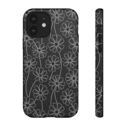 Floral Doodle Tough Phone Case — Black & Gray Daisy Pattern