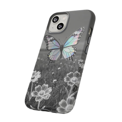 Butterfly Field Tough Phone Case — Pastel Holographic Butterfly on Black & White Floral Background