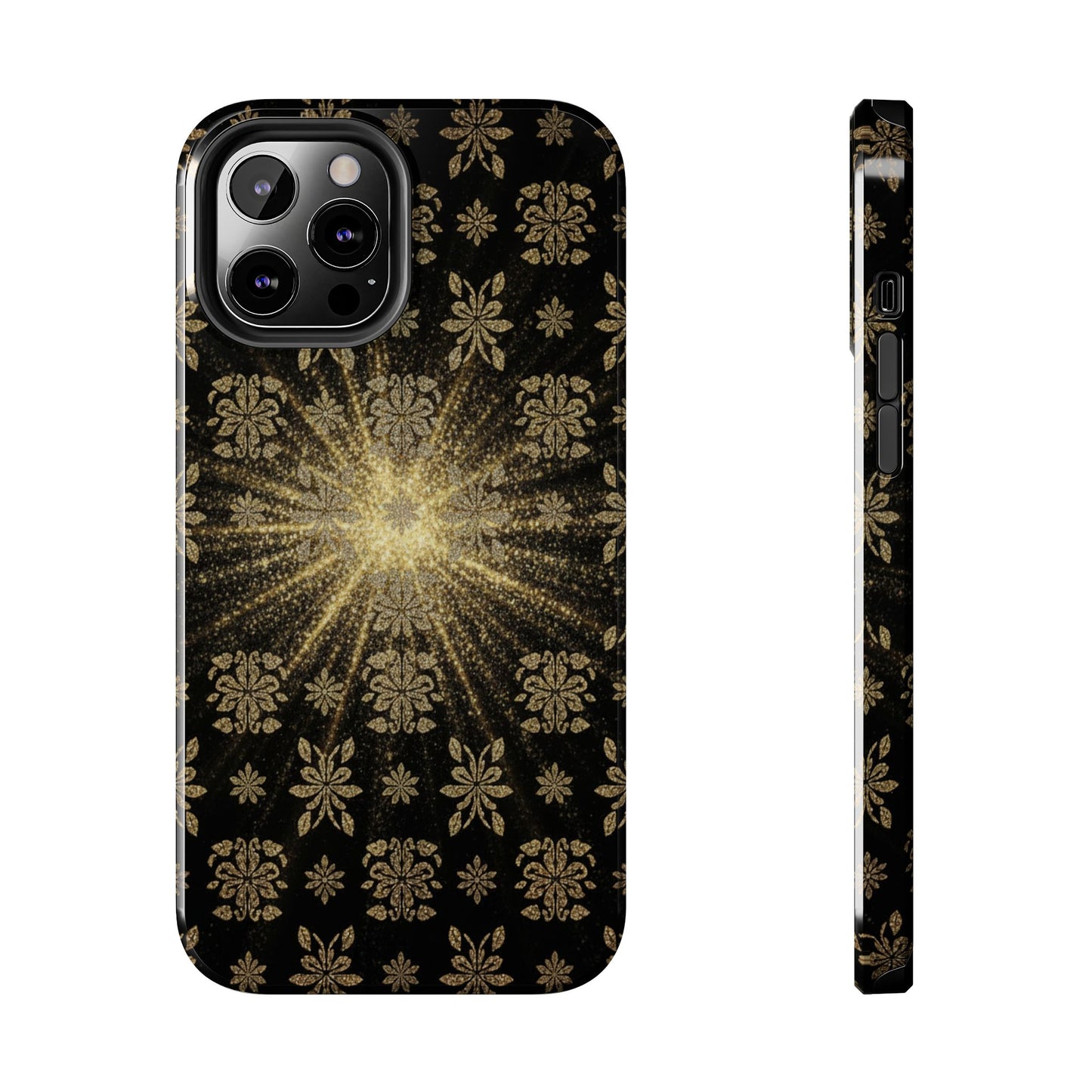Glitter Burst Tough Phone Case — Black & Gold Floral Protective Cover