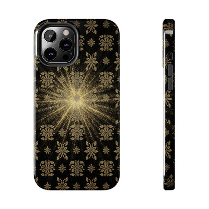 Glitter Burst Tough Phone Case — Black & Gold Floral Protective Cover
