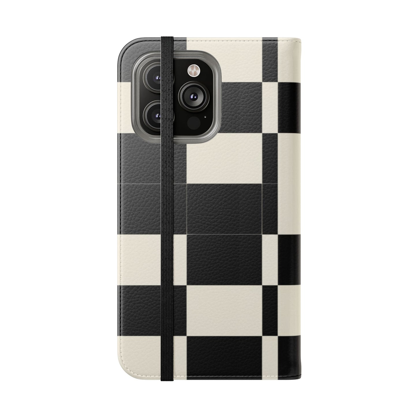 Checkered Flip Phone Case – Black & Cream Retro Grid Wallet Case