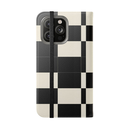 Checkered Flip Phone Case – Black & Cream Retro Grid Wallet Case