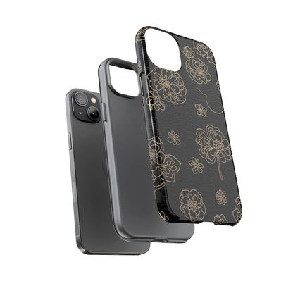 Floral Leather-Texture Tough Case – Black Gold Outline Phone Cover