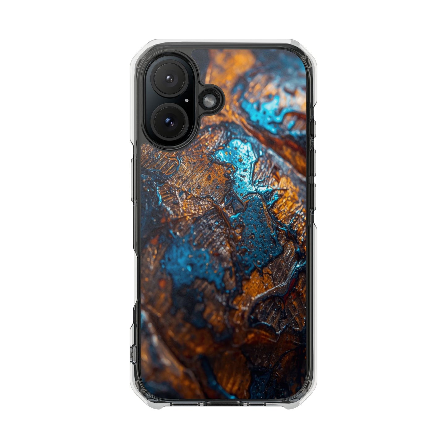 Magnetic Clear Phone Case — Blue & Copper Abstract Tortoise Impact Design