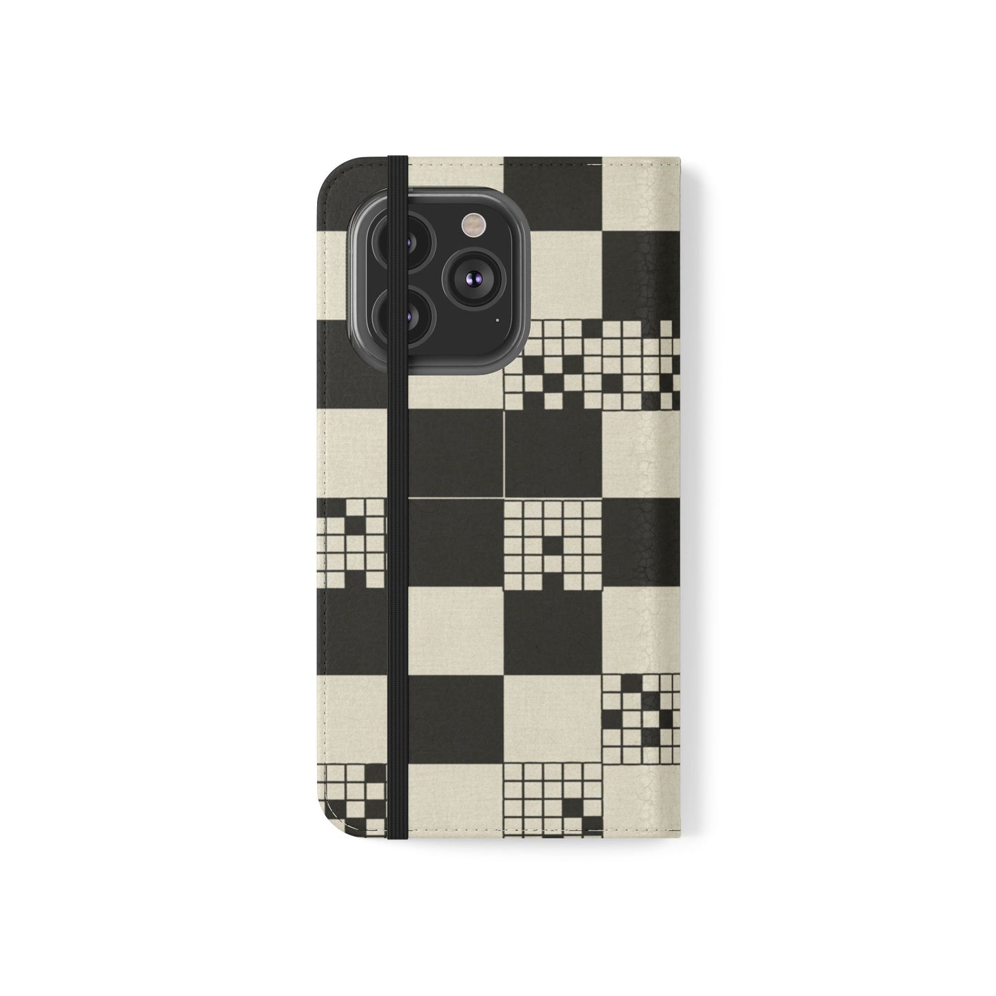 Checkerboard Flip Phone Case – Retro Black & Cream Geometric Wallet Case