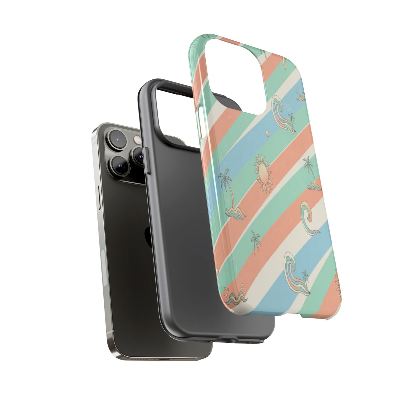 Retro Beach Stripes Phone Case — Sun, Waves & Palm Pattern Tough Case