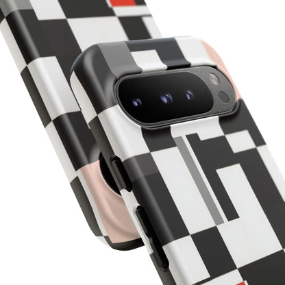 Abstract Geometric Phone Case – Black & White Checker Grid with Red Accent